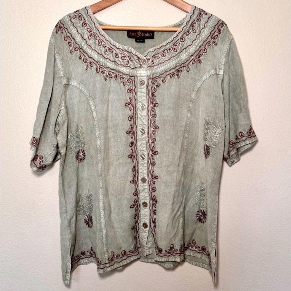 Agan Traders Embroidered Boho Top XL Sage Green Tie Back Button Down